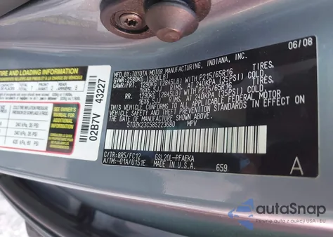 2008 Toyota Sienna Le z USA, uszkodzony, nr VIN 5TDZK23C58S223680